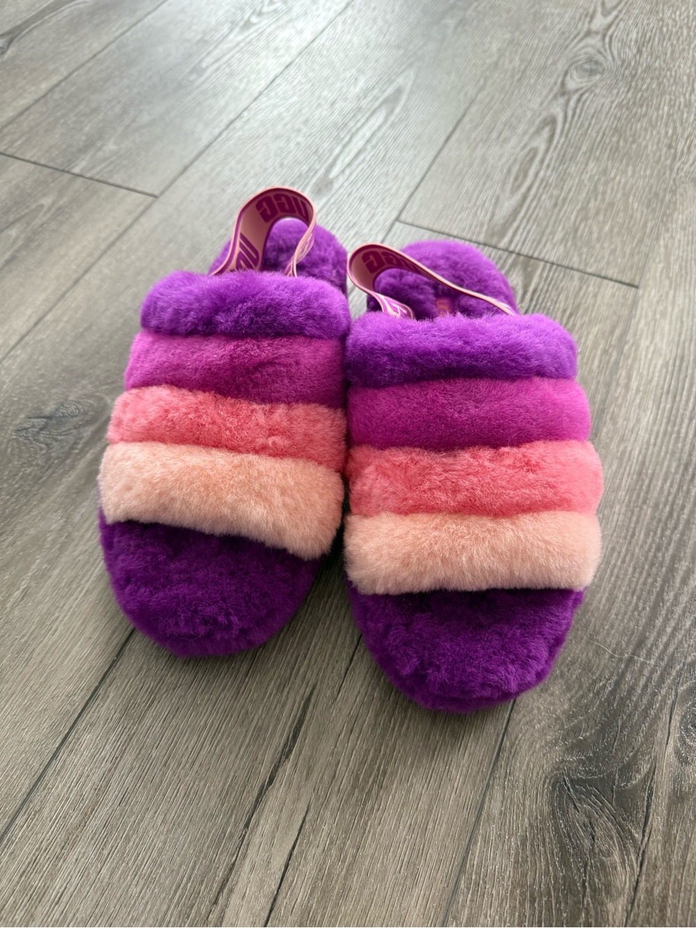 UGG Multi-Stripe Fuzzy Slide Slippers in Purple & Pink